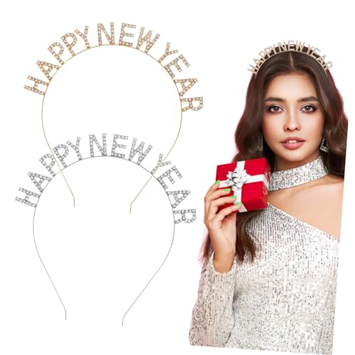Beaupretty 2 STÜCK Dekorative Strass Buchstaben Haarreifen für Neujahr Wunderschöne Happy Year Haarbänder Gold und Weiß Party Accessoire zur Festtagsdekoration von Beaupretty