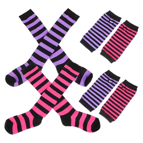 Beaupretty 2 Sätze Gestreifte Socken von Kindern Set Socken lange Socken Mädchen Socken Arm- und Beinwärmer lange Armhandschuhe handgestrickte Socken Polyester von Beaupretty