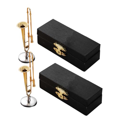 Beaupretty 2 Sätze Miniatur Posaune Modell Vergoldet mit Schwarzem Etui und Ständer Detailgetreues Musikinstrument Teiliges Puppenhaus Zubehör für Musikliebhaber von Beaupretty