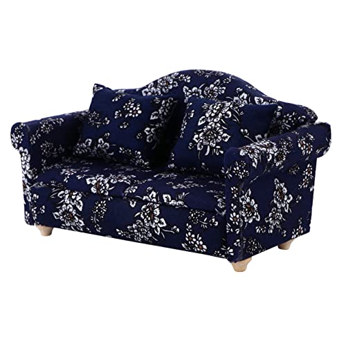 Beaupretty 2 Stück Miniatur Sofa mit Kissen für Puppenhaus Handgefertigt Blau mit Blumenmuster für Kreative Landschaftsdekoration und Spielzeugmodelle von Beaupretty
