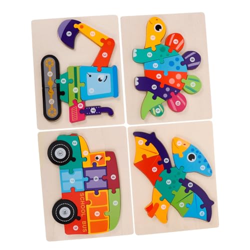 Beaupretty 4 Stück Holz Puzzle Verschleißfestes Lernspielzeug mit Bunten Cartoon Motiven Dinosaurier LKW Bagger Flugsaurier Fördert Kognitive Fähigkeiten und Motorische Entwicklung Geeignet von Beaupretty