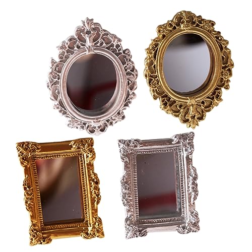 Beaupretty 4 Stück Teiliges Puppenhaus Spiegel Miniatur Retro Stil Vintage Dekoration Leichtes Modell für Puppenhausmöbel und Basteln Gold und Silber von Beaupretty