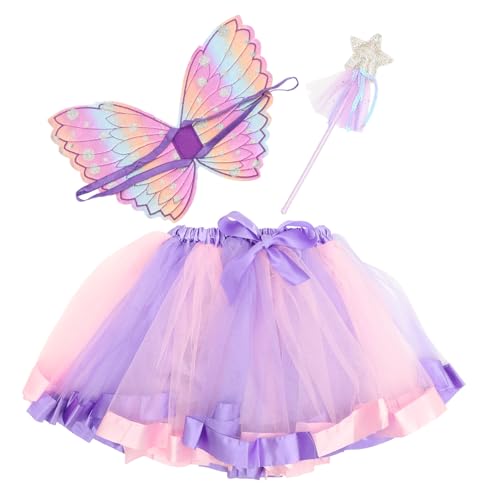 Beaupretty Engelsflügel Feenkostüm mit Kurzer Flügel tutu und Zauberstab für Mädchen Halloween Karneval Cosplay Leichte Bunte Verkleidung für Geburtstagsspiele von Beaupretty