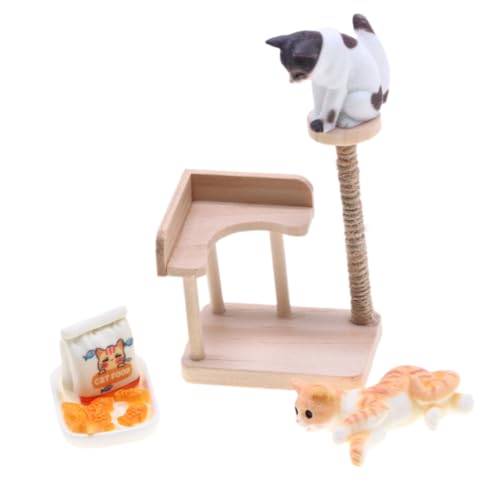 Beaupretty Holz Miniatur Katzenkratzbaum Modell mit Katze Figur Puppenhaus Zubehör Miniaturhaus Dekoration für Realistische Miniatur Szenen Gestaltung von Beaupretty