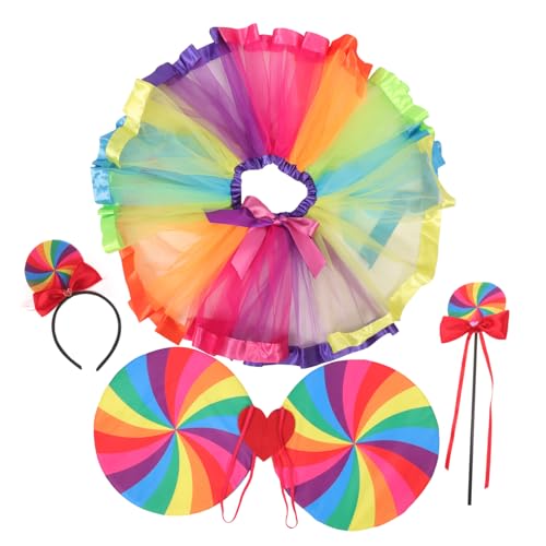 Beaupretty Kostüm Set Regenbogen Teilig mit Tüllrock Flügel Zauberstab Haarband für Fasching Party Cosplay Mädchen Verkleidung Zubehör für Geburtstagsfeier Halloween von Beaupretty