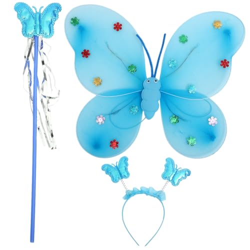Beaupretty Leuchtendes Teiliges Schmetterlingsflügel für Mädchen mit Blauem Stirnband Feenstab und Leichtem Flügel Wiederverwendbar und Komfortabel für Kostümpartys und Halloween von Beaupretty