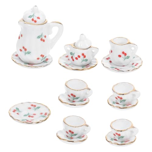 Beaupretty Miniatur Keramik Teeservice Teilig Rot mit Kirschen Puppenhaus Zubehör Realistische Mini und Tasse für Puppenhaus Dekoration und Miniatur Szenen von Beaupretty