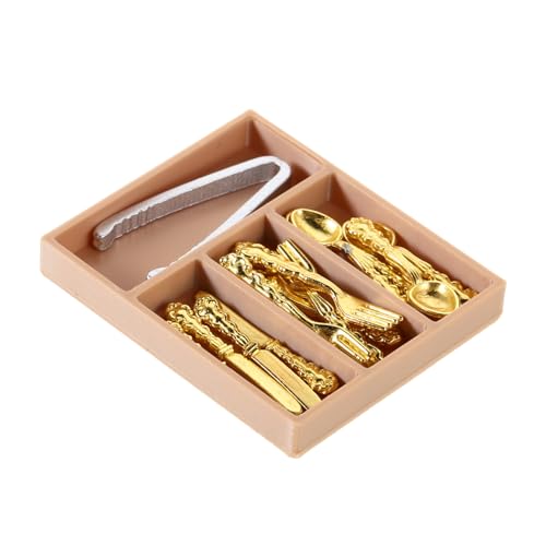 Beaupretty Miniatur Küchenutensilien Realistische Puppenhaus Besteck aus Kunststoff mit Aufbewahrungshalter für Kreative Spielmöglichkeiten Teiliges Silber und Gold von Beaupretty