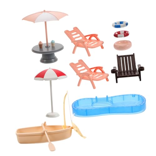 Beaupretty Miniatur Schwimmbad Set mit Schwimmring Strandstuhl Sonnenschirm und Boot Kompaktes Puppenhaus Strandzubehör für DIY Basteln und Garten Dekoration von Beaupretty