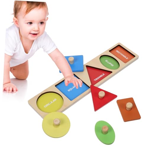 Beaupretty Montessori Holz Puzzle mit Griffloch Bunte Geometrische Formen Pädagogisches Lernspielzeug für Vorschulkinder Holzbrett zur Form und Farberkennung von Beaupretty