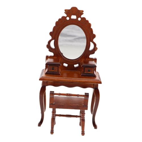Beaupretty Puppenhaus Möbel Vintage Schminktisch mit Spiegel und Hocker aus Holz Miniatur Schlafzimmermöbel für Kreative Spiel und Dekoration von Beaupretty