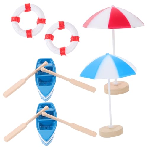 Beaupretty Teiliges Mini Stranddekor mit Kleinen Booten Holz-Rudern Sonnenschirm und Schwimmringen Micro Beach Style Deko für Puppenhaus und Miniatur Landschaften von Beaupretty