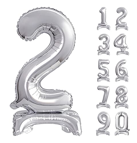 GoDan Beauty&Charm Riesige Luftballons Zahlen 0-9 zum Aufstellen auf dem Tisch 74 cm Folienballon Geburtstagsluftballons Zimmer und Raumdekoration beim Geburtstag Jubiläum Jahrestag (Zahl 2 Silber) von Beauty&Charm