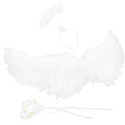 Beavorty 1 Satz Engelsflügel Kostümset für Federflügel mit Haarreif Zauberstab für Fasching Halloween Cosplay Veranstaltungen Leicht zu Weißer für Wiederholte Nutzung von Beavorty