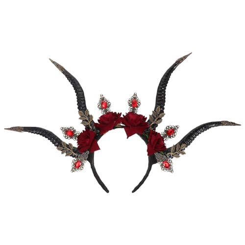 Beavorty Halloween Horn Stirnband Rosen Girlande Gothic Haarband Gothic Dämon Kristall Kopfschmuck Waldtier Fotografie Requisiten für Halloween Kopfschmuck Cosplay Haarschmuck von Beavorty