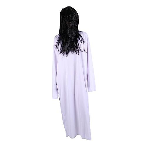 Beavorty Halloween Horror Kostüm Damen Grusel Kleid Cosplay Outfit mit Schwarzer Perücke und Schwarzen Nägeln Weißes Geisterkleid für Halloween Party Karneval und Mottoparty von Beavorty