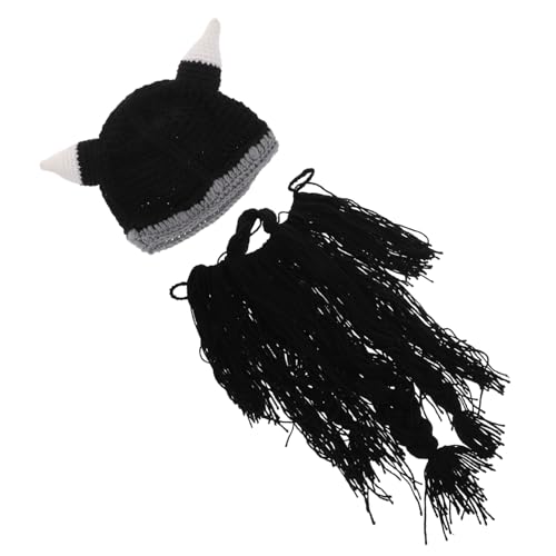 Beavorty Handgestrickte Wikinger Mütze mit Realistischer Schwarzer Bartverlängerung und Hörnern Kreative Viking Beanie für Männer für Cosplay Mittelalterfest und Partyaccessoire von Beavorty