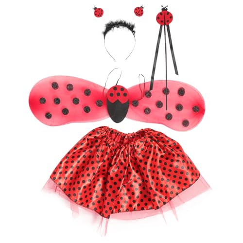 Beavorty Mädchen Marienkäfer Kostüm Teilig mit Tüllrock Flügeln und Haarreif Buntes Verkleidungskostüm für Karneval Halloween Bühne und Party Elegantes Outfit für Mädchen von Beavorty