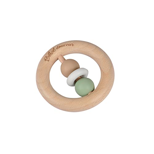 Erlebnisspielzeug Ring aus Holz mit Silikonkugeln, Durchmesser 7 cm, Grün und Rosa von Bébé Douceur