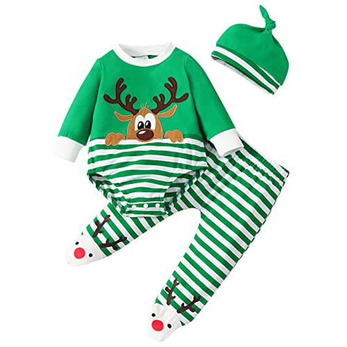 Kinder Festliche Kleidung Junge Weihnachten Streifen Top Hose Hut Set Outfits Kleidung Karneval Kostüm Baby Junge (Green, 6-9 Months) von BebeXi