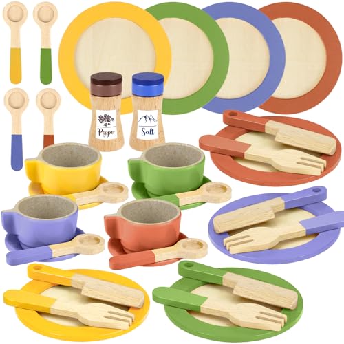 Beberolen Kinderküche Geschirrset für Kinder, Spielküche Zubehör Puppengeschirr Holz, Puppenküche Geschirr mit Teller, Holzspielzeug Spielgeschirr, Pädagogische Rollenspiel Kindergeschirr Geschenk von Beberolen