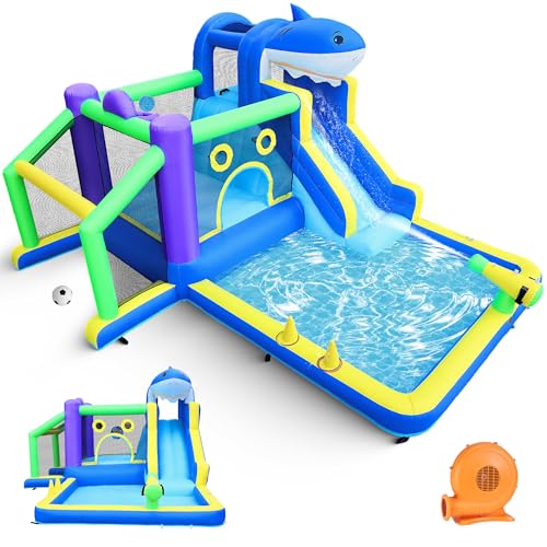 10-in-1 Hüpfhaus, aufblasbare Wasserrutsche mit Spritzbecken, Sprungbereich, Kletterwand, Basketball, Fußball, Ballschießen, 450 W Luftgebläse, 30 x 30 cm Bouncer Castle für Kinder, Hinterhof, drinnen 10-in-1 Hüpfhaus, aufblasbare Wasserrutsche mit Spritzbecken, Sprungbereich, Kletterwand, Basketball, Fußball, Ballschießen, 450 W Luftgebläse, 30 x 30 cm Bouncer Castle für Kinder, Hinterhof, drinnen von Beblinglet