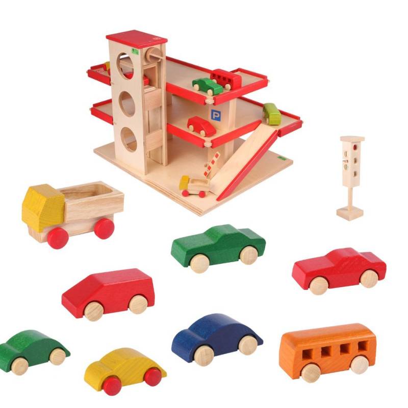 Set Parkhaus aus Holz mit 8 Fahrzeugen und Ampel, Beck Holzspielzeug. von Beck Holzspielzeug