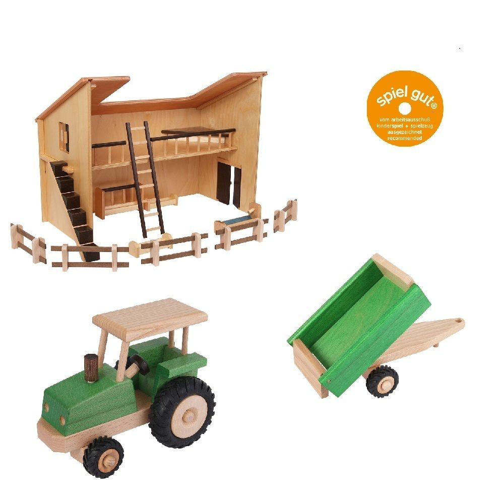 Set Bauernhofspielzeug aus Holz Stall,Traktor,Anhänger, Beck Holzspielzeug von Beck Holzspielzeug