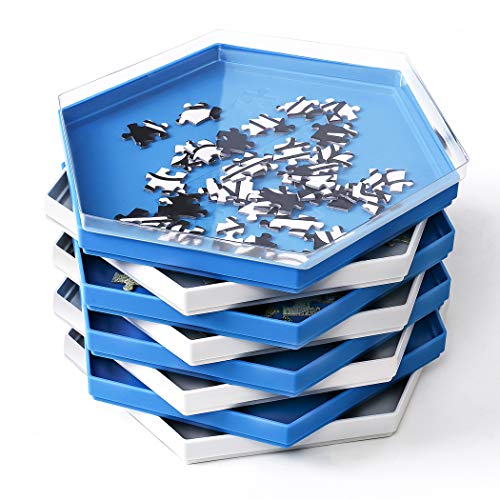 Becko Stapelbare Puzzle-Sorting Trays Puzzlesortierer mit Deckel Puzzle-Zubehör für Puzzles bis zu 1500 Teile, 8 sechseckige Tabletts (blau & weiß) von Becko US