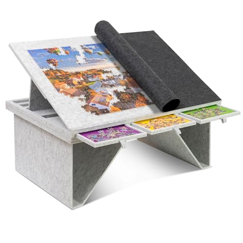 Becko US 1500 Teile Puzzletisch mit 4 Schubladen & Abdeckung, Kippbares Puzzlebrett mit klappbaren Beinen & 3 Neigungswinkeln, Leichte & Tragbare Tische für Erwachsene, für 1500 Teile Puzzles von Becko US