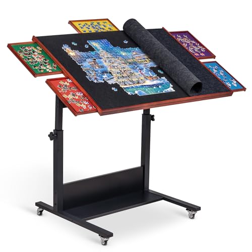 Becko US Puzzle-Tisch/Brett, neigbarer Tisch/Brett mit Schubladen und Höhenverstellung, 5 farbige Sortierschalen mit staubdichtem Filzbezug, geschlossen mit 4 Rädern, 1500 Teile, Schwarz von Becko US