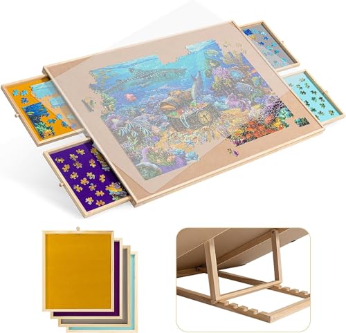 Becko US Puzzlebrett mit verstellbarer Halterung & 4 Puzzle-Schubladen Quadratischer Puzzle-Tisch mit Anti-Rutsch-Oberfläche, für Puzzles bis zu 1500 Teile von Becko US