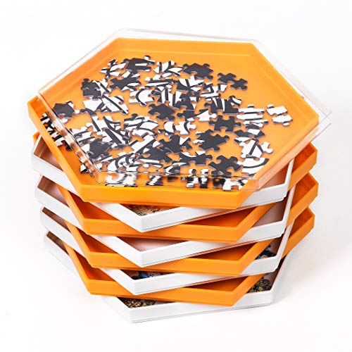 DENDAWEN Becko Stapelbare Puzzle-Sortierschalen Puzzle-Sortierer mit Deckel Puzzle Zubehör für Puzzle bis 1500 Teile, 8 sechseckige Tabletts in weiß & orange von Becko US
