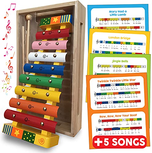 bee SMART Holz-Xylophon für Kinder –Glockenspiel Musikinstrumente für Kleinkinder mit Liederblättern (englisch), Holzkiste & 2 Schlägeln | Musikaktivitäten | Jungen & Mädchen Holz Geschenk Spielzeug von bee SMART