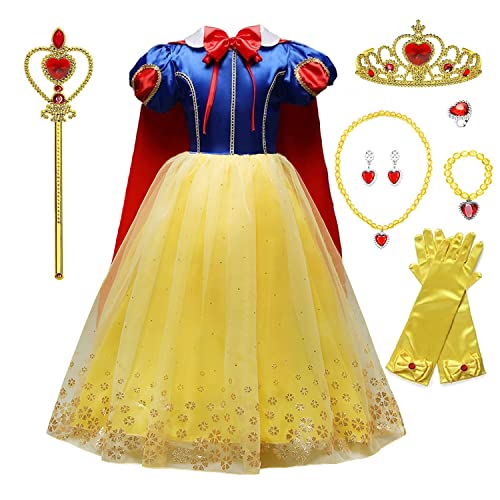 Beejirm Mädchen Schneewittchen Kostüm mit Prinzessin Krone Zauberstab Zubehör Prinzessin Dress Up Karneval Geburtstag Party Verkleidung von Beejirm