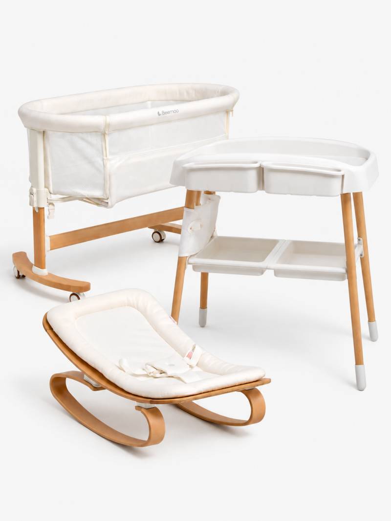 Beemoo Nordic Wickeltisch, Beistellbett &  Babywippe, White/Wood von Beemoo