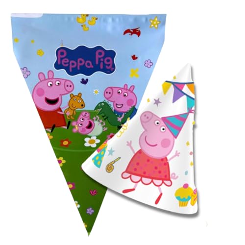 Peppa Wutz Geburtstagsdeko, Kindergeburtstag Deko, Peppa Wutz Party Set, 1 Wimpelgirlande (9 m) + 8 Partyhüte aus Karton, Dekoriere deine Kinderparty für Mädchen und Jungen von BeenSmile
