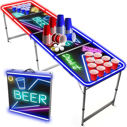 Beer Pong Offizieller Spotlight Tisch Set | Mit LED Beleuchtung | LED Full Pack | Inkl. 1 Tisch + 120 Becher 53cl (60 Rot & 60 Blau) + 6 Ping-Pong-Bälle | Premium Qualität von Beer Pong