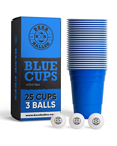 BeerBaller® Blue Cups - 25 blaue Beer Pong Becher & 3 Bier Pong Bälle | spülmaschinenfest & wiederverwendbar | 473ml - 16oz Partybecher | Bierpong Becher Set | Original American Beerpongbecher von BeerBaller