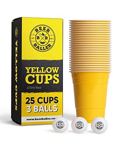 BeerBaller® Yellow Cups - 25 gelbe Beer Pong Becher & 3 Bier Pong Bälle | spülmaschinenfest & wiederverwendbar | 473ml - 16oz Partybecher | Bierpong Becher Set | Original American Beerpongbecher von BeerBaller