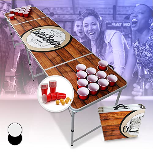 BeerCup-Classics Beer Pong Tisch, Bier Pong Set für Partyspiele, Klappbar & Höhenverstellbar, Wasserfest, mit Eisfach & Red Cups-Becherhalter von BeerCup-Classics