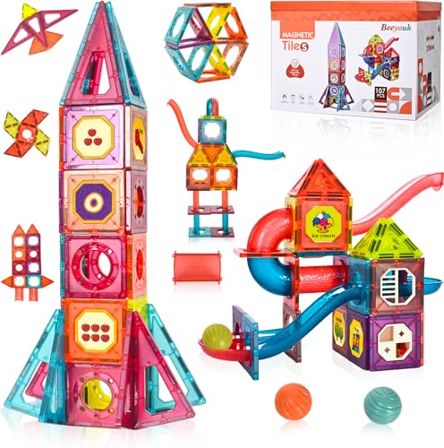 Beeyouk Magnetische Bausteine 3D-Rohrset, Montessori Spielzeug 107 Teile Kinder Magnet Bauspiel,Lernspielzeug Geschenke für Kinder im Alter von 3, 4, 5, 6, 7 und 8 von Beeyouk