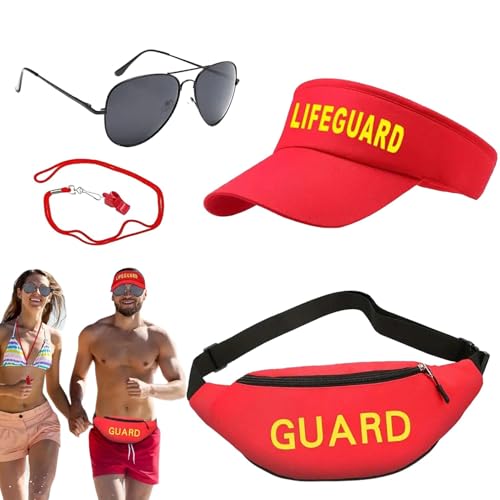 Befeixue Rettungsschwimmer Kostüm Set, 4 Stück Lifeguard Kostüm Zubehör Für Damen Und Herren, Rettungsschwimmer Hat Taillenbeutel Sonnenbrille Und Pfeife, Für Halloween Cosplay Partys von Befeixue