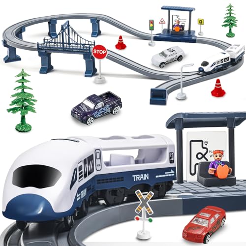 Elektrische Eisenbahn Spielzeug für Kinder, Magnetische Zug&Bahnsteig mit realistischem Sound Lichteffekt, 65PCS Kinderspielzeug Bahn Zubehör Geschenk für 3 4 5 6+ Jahr Jungen Mädchen(Blau) von Beginreally