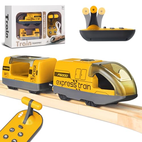 Elektrisches Zugspielzeug für Holzschienen, Motorisierter Zug Fernbedienung mit 4 Sound- und Lichteffekten für Kinder 3 4 5 6+ Jahre, Kompatibel mit Thomas, Brio, Chuggington(Gelb) von Beginreally