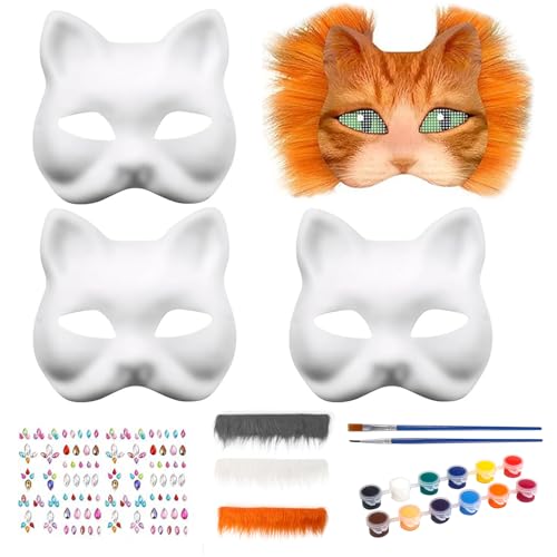 3 Stück Katzenmasken zum Bemalen, Tier Katzenmasken Set zu malen Filz, DIY katzenmaske mit Edelsteinaufklebern und Bart, DIY Blanko Gesichtsmasken Kostüm für Maskerade, Tier Cosplay, Halloween Party von Begonia