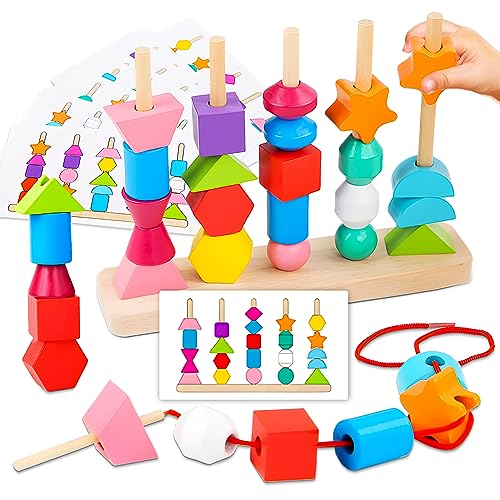 Begonia Montessori Spielzeug,2in1Holzspielzeug Sortierspiel Spielzeug,Spielzeug ab 3 4 5 Jahren,Stapeln Bausteine ​​mit Karten, Feinmotorik Lernspielzeug,Geschenk für Mädchen Jungen von Begonia