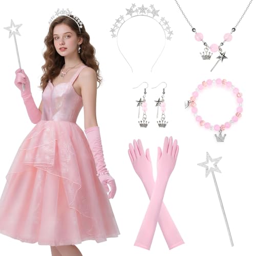 Behufun Good Witch Costume Women Accessories, 6Pcs Pink Witch Halloween Cosplay with Crown, Wand, Bracelet, Earrings Necklace, Pink, Einheitsgröße Behufun Good Witch Costume Women Accessories, 6Pcs Pink Witch Halloween Cosplay with Crown, Wand, Bracelet, Earrings Necklace, Pink, Einheitsgröße von Behufun