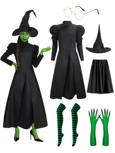 Behufun Halloween Hexenkostüm Damen - Erwachsene Hexenkostüm Schwarzes Kleid mit Hexenhut, Grüne Handschuhe Cosplay Outfits, schwarz, grün, 3XL von Behufun