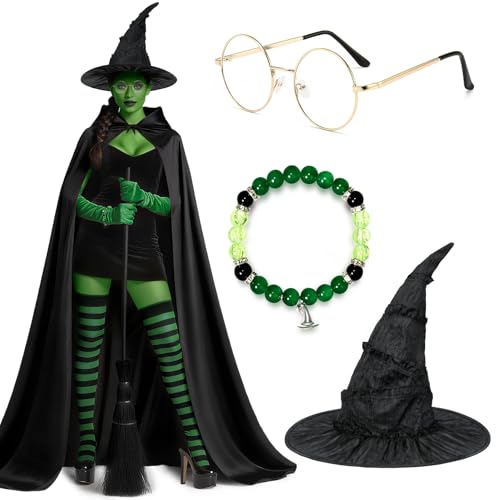 Behufun Hexenkostüm Damen Zubehör, Hexe Halloween Cosplay mit langem Kapuzenumhang, Hexenhut, grüne Krallenhandschuhe, schwarz, grün, Einheitsgröße von Behufun